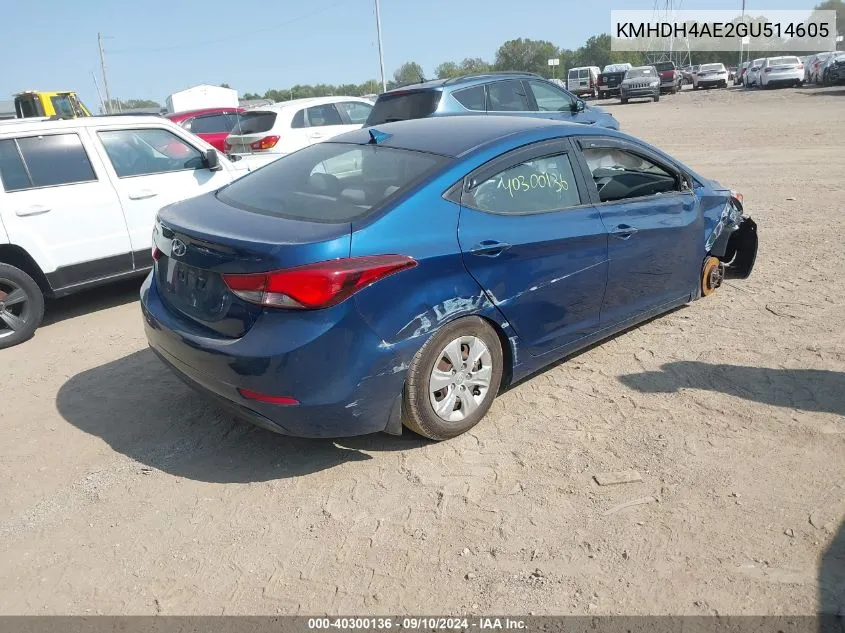 2016 Hyundai Elantra Se VIN: KMHDH4AE2GU514605 Lot: 40300136