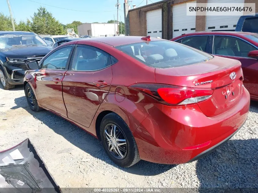 2016 Hyundai Elantra Se VIN: 5NPDH4AE6GH746476 Lot: 40325267