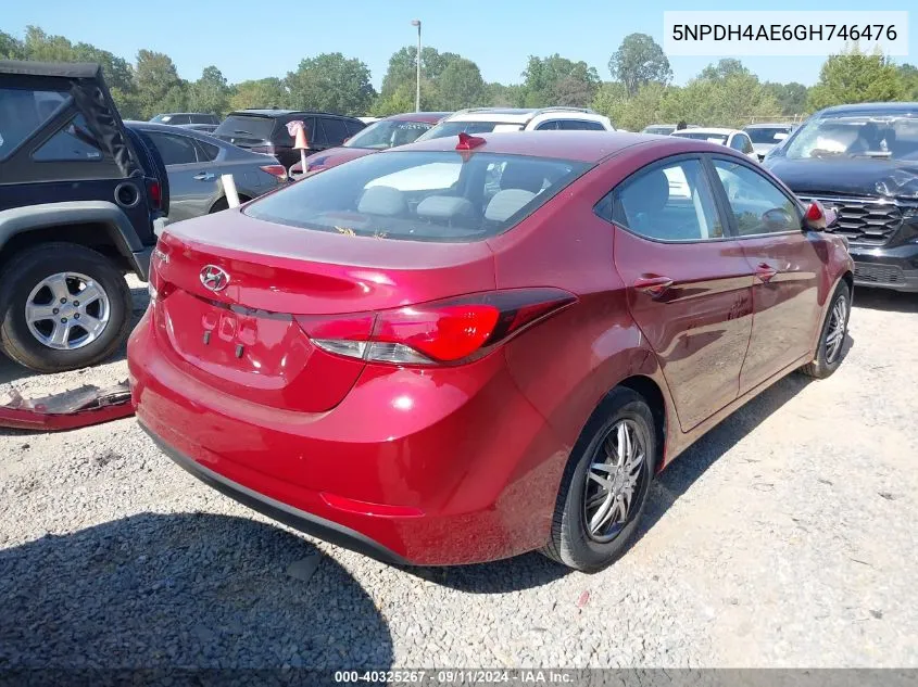 2016 Hyundai Elantra Se VIN: 5NPDH4AE6GH746476 Lot: 40325267