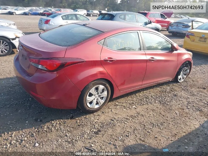 2016 Hyundai Elantra Se VIN: 5NPDH4AE5GH742693 Lot: 40351382