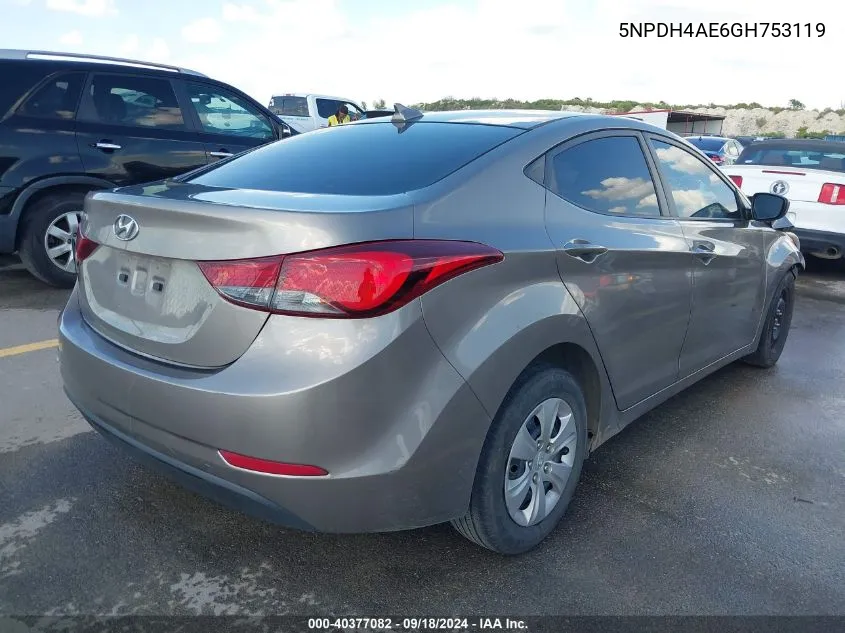 2016 Hyundai Elantra Se VIN: 5NPDH4AE6GH753119 Lot: 40377082