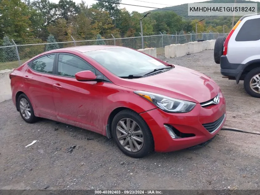 2016 Hyundai Elantra Se VIN: KMHDH4AE1GU518242 Lot: 40392403