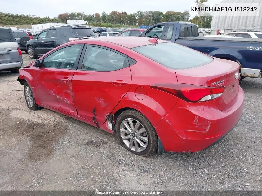 2016 Hyundai Elantra Se VIN: KMHDH4AE1GU518242 Lot: 40392403