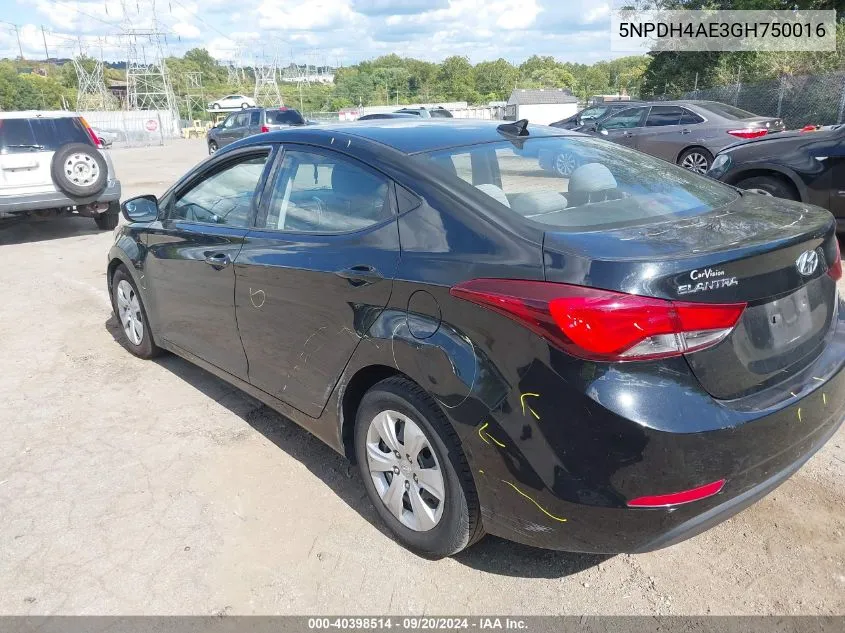 2016 Hyundai Elantra Se VIN: 5NPDH4AE3GH750016 Lot: 40398514