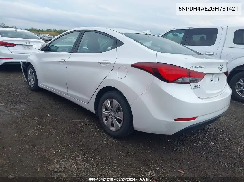 2016 Hyundai Elantra Se VIN: 5NPDH4AE2GH781421 Lot: 40421210