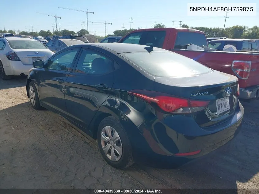 2016 Hyundai Elantra Se VIN: 5NPDH4AE8GH759875 Lot: 40439530