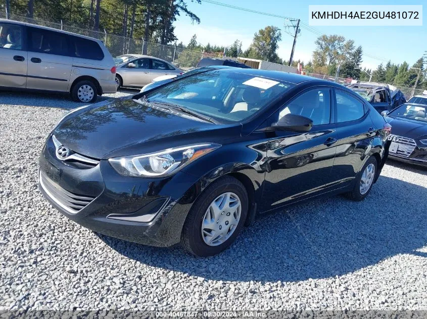 2016 Hyundai Elantra Se VIN: KMHDH4AE2GU481072 Lot: 40467847