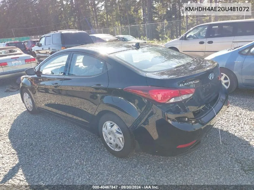 2016 Hyundai Elantra Se VIN: KMHDH4AE2GU481072 Lot: 40467847