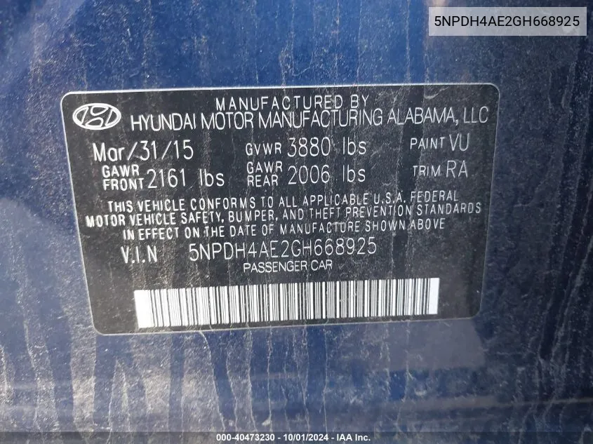 5NPDH4AE2GH668925 2016 Hyundai Elantra Se