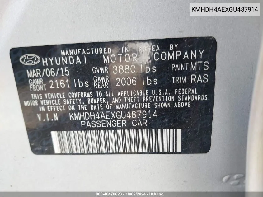 KMHDH4AEXGU487914 2016 Hyundai Elantra Se