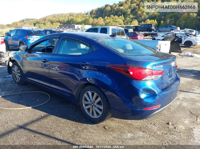 2016 Hyundai Elantra Se VIN: 5NPDH4AE0GH662668 Lot: 40593544