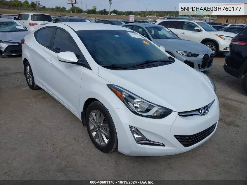 2016 Hyundai Elantra Se VIN: 5NPDH4AE0GH760177 Lot: 40601178