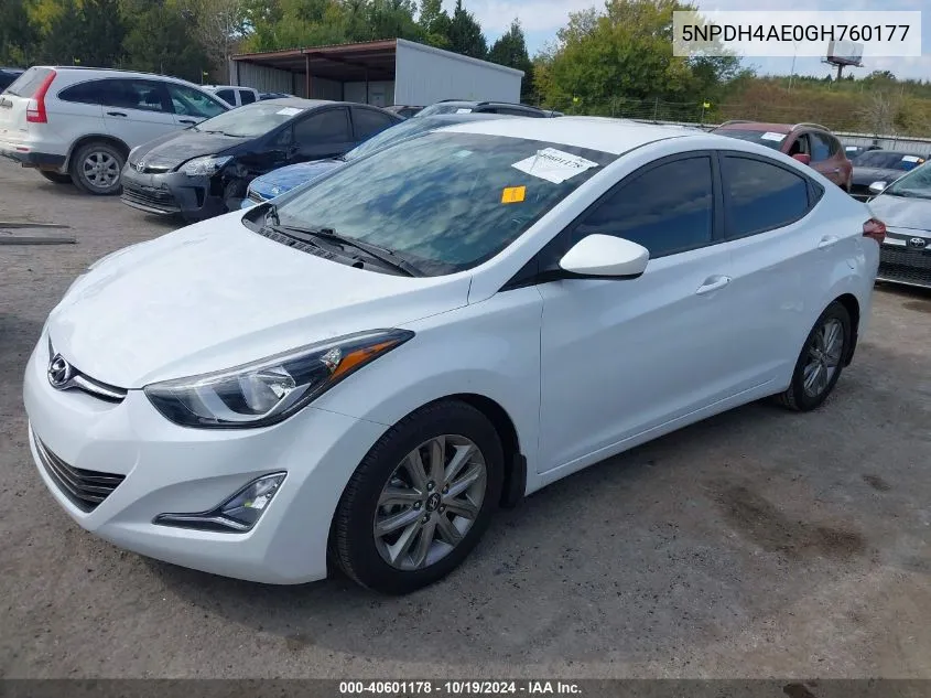 2016 Hyundai Elantra Se VIN: 5NPDH4AE0GH760177 Lot: 40601178