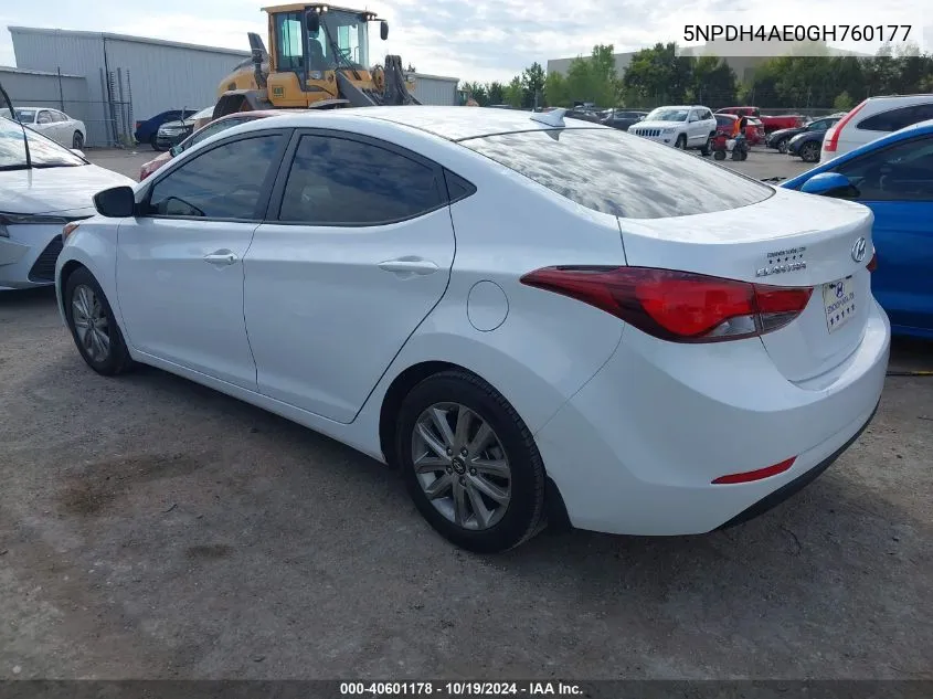 2016 Hyundai Elantra Se VIN: 5NPDH4AE0GH760177 Lot: 40601178