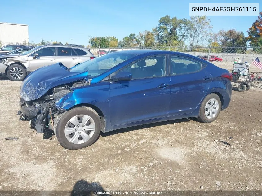 2016 Hyundai Elantra Se VIN: 5NPDH4AE5GH761115 Lot: 40631332