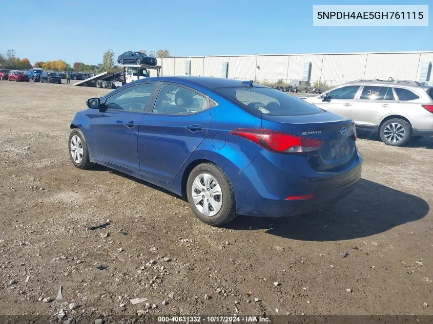 2016 Hyundai Elantra Se VIN: 5NPDH4AE5GH761115 Lot: 40631332