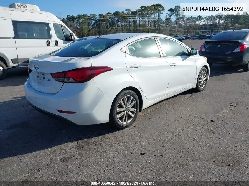 2016 Hyundai Elantra Se VIN: 5NPDH4AE0GH654392 Lot: 40660042