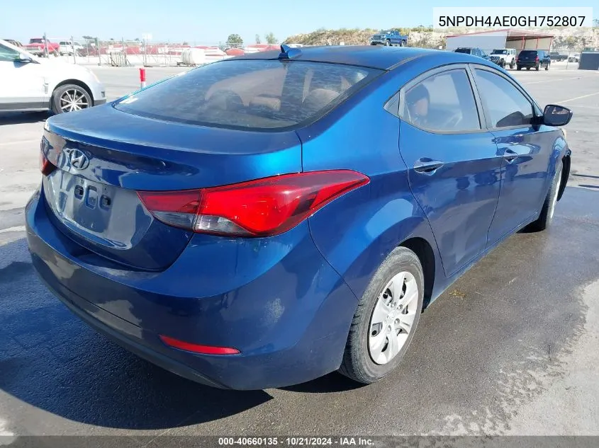 5NPDH4AE0GH752807 2016 Hyundai Elantra Se