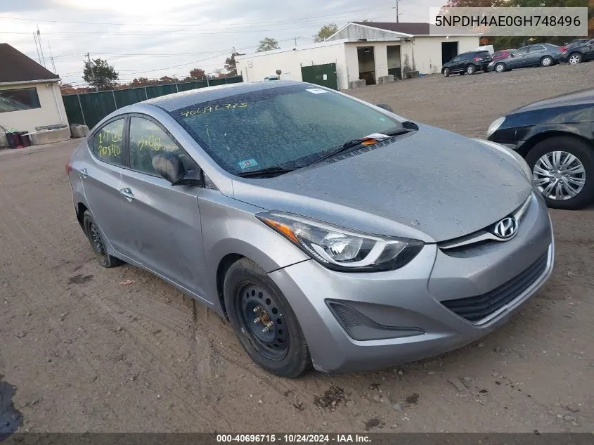 2016 Hyundai Elantra Se VIN: 5NPDH4AE0GH748496 Lot: 40696715