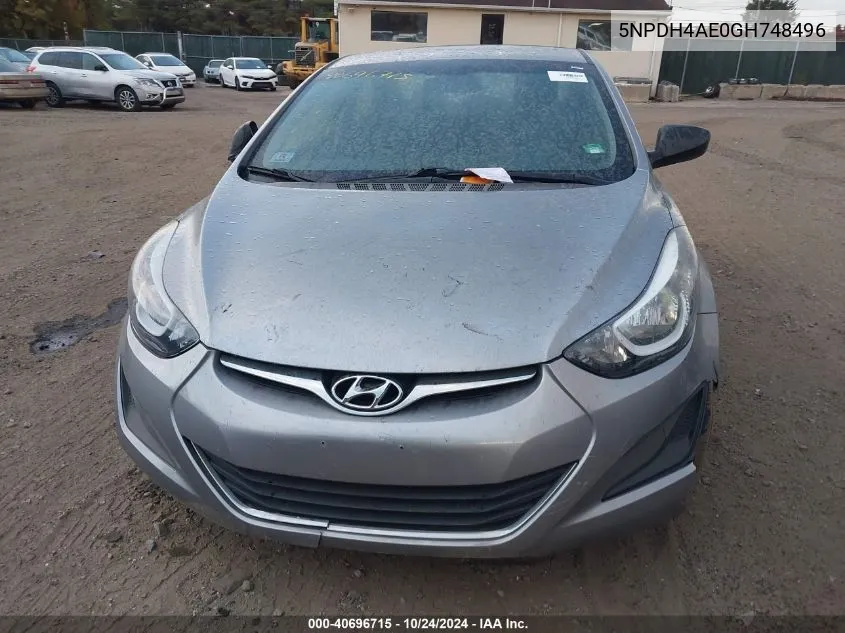 2016 Hyundai Elantra Se VIN: 5NPDH4AE0GH748496 Lot: 40696715