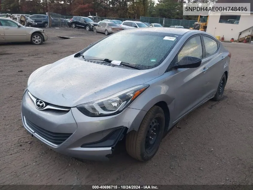 2016 Hyundai Elantra Se VIN: 5NPDH4AE0GH748496 Lot: 40696715