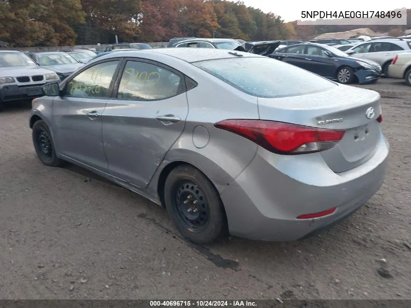 2016 Hyundai Elantra Se VIN: 5NPDH4AE0GH748496 Lot: 40696715