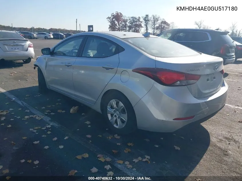 2016 Hyundai Elantra Se VIN: KMHDH4AE0GU517180 Lot: 40740632