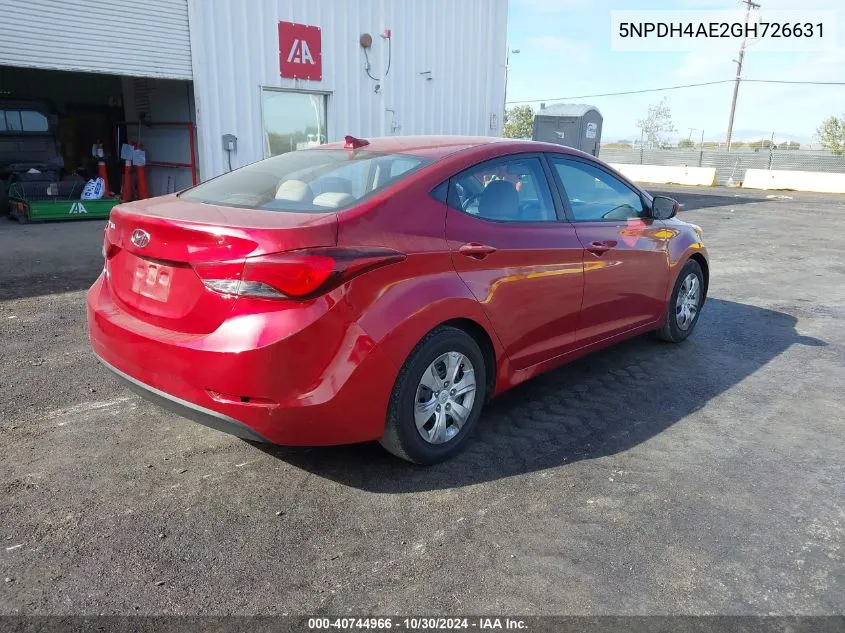 2016 Hyundai Elantra Se VIN: 5NPDH4AE2GH726631 Lot: 40744966