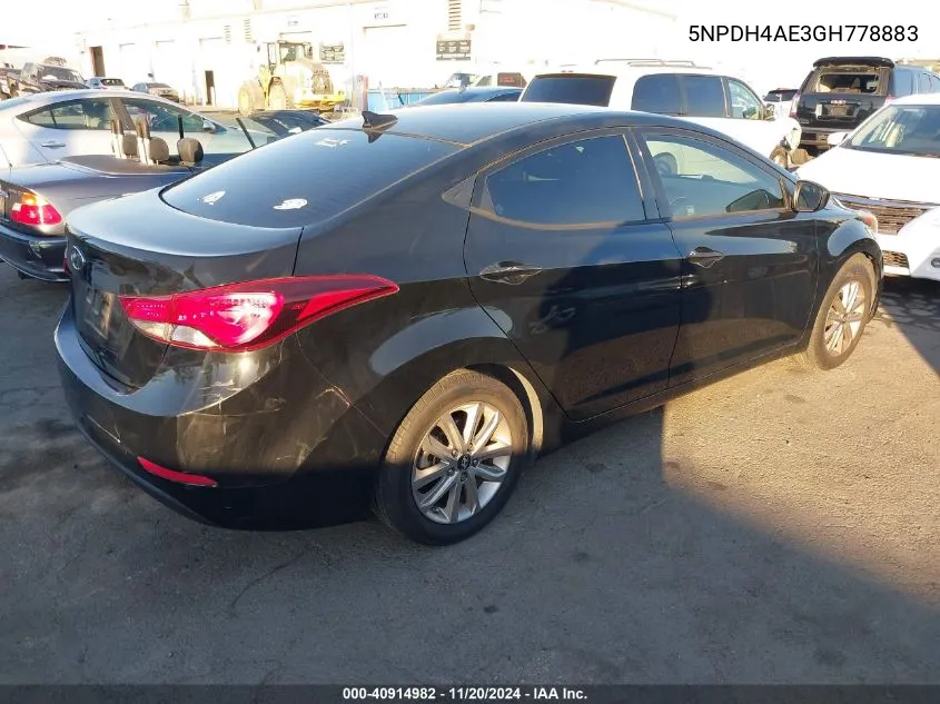 2016 Hyundai Elantra Se VIN: 5NPDH4AE3GH778883 Lot: 40914982