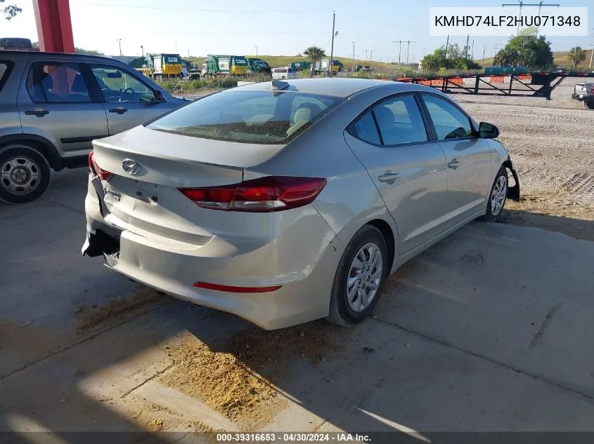 2017 Hyundai Elantra Se VIN: KMHD74LF2HU071348 Lot: 39316653