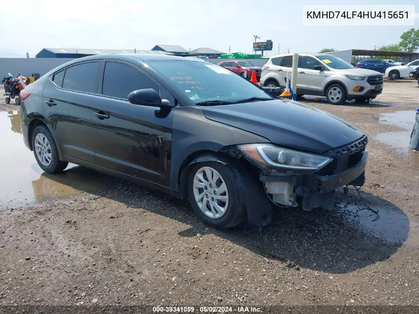 KMHD74LF4HU415651 2017 Hyundai Elantra Se