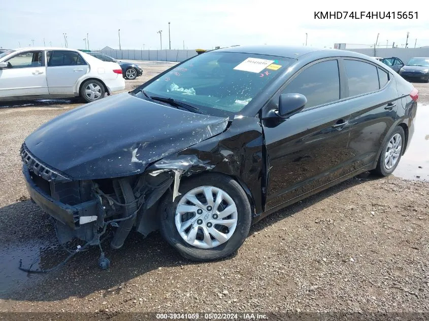 KMHD74LF4HU415651 2017 Hyundai Elantra Se