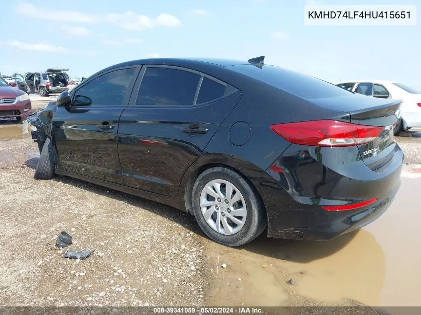 KMHD74LF4HU415651 2017 Hyundai Elantra Se