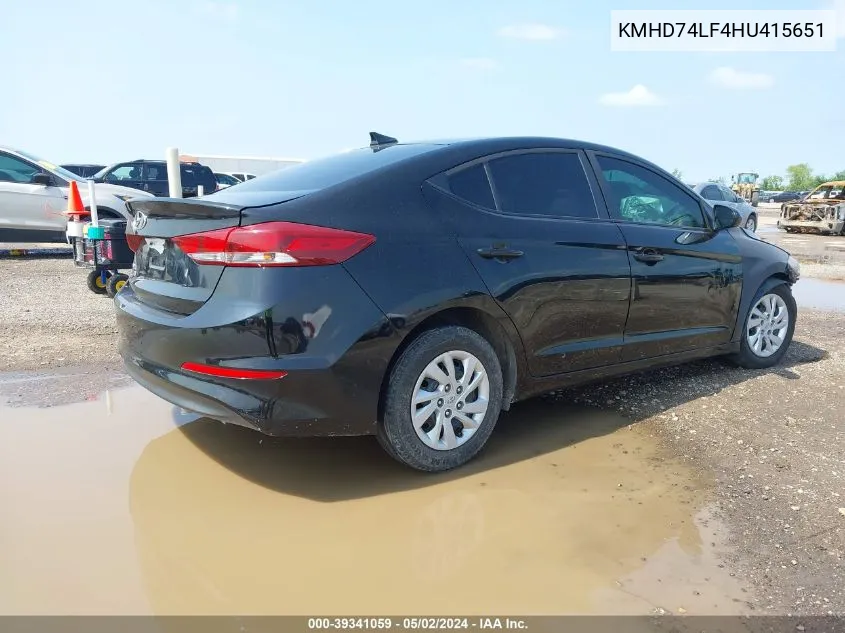 2017 Hyundai Elantra Se VIN: KMHD74LF4HU415651 Lot: 39341059