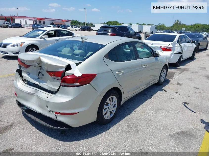 2017 Hyundai Elantra Se VIN: KMHD74LF0HU119395 Lot: 39391777