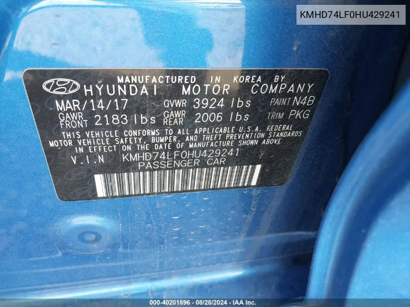 KMHD74LF0HU429241 2017 Hyundai Elantra Se