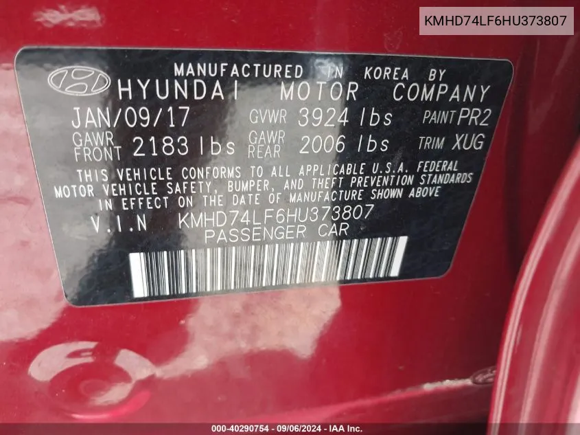 2017 Hyundai Elantra Se VIN: KMHD74LF6HU373807 Lot: 40290754