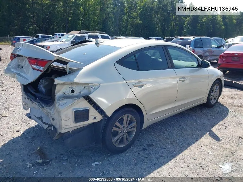 2017 Hyundai Elantra Se/Value/Limited VIN: KMHD84LFXHU136945 Lot: 40292808