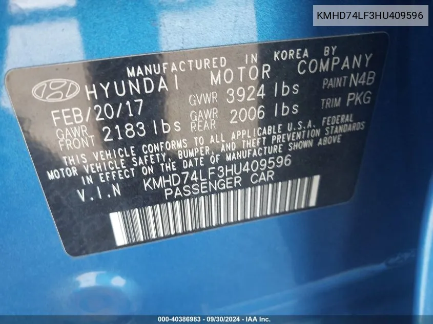 KMHD74LF3HU409596 2017 Hyundai Elantra Se