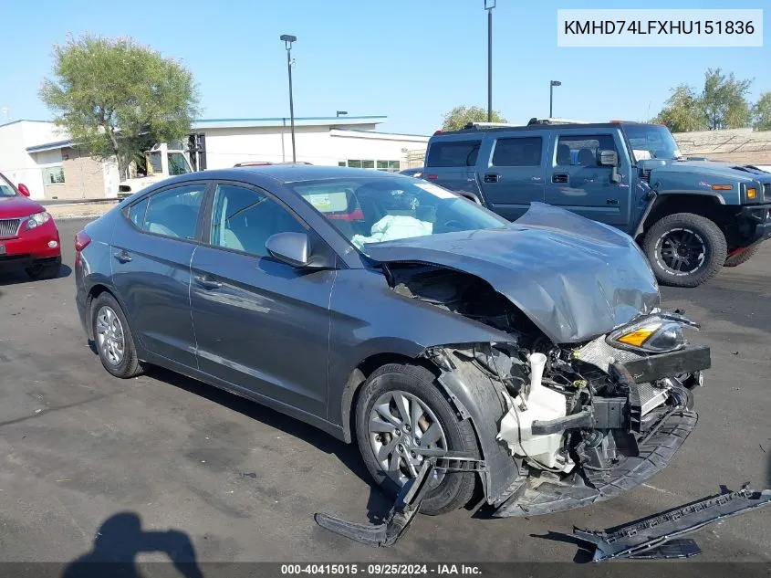 2017 Hyundai Elantra Se VIN: KMHD74LFXHU151836 Lot: 40415015