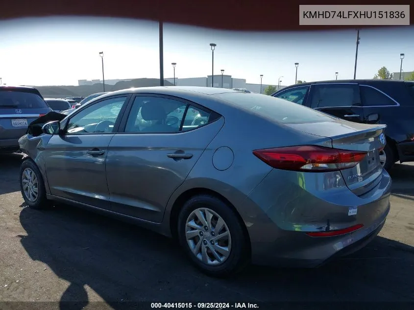 2017 Hyundai Elantra Se VIN: KMHD74LFXHU151836 Lot: 40415015