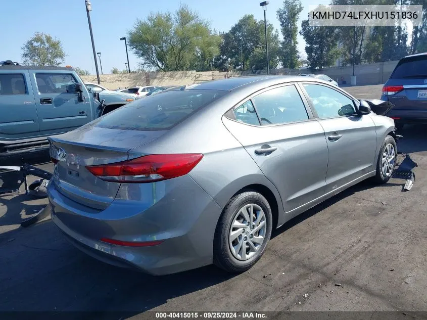 2017 Hyundai Elantra Se VIN: KMHD74LFXHU151836 Lot: 40415015