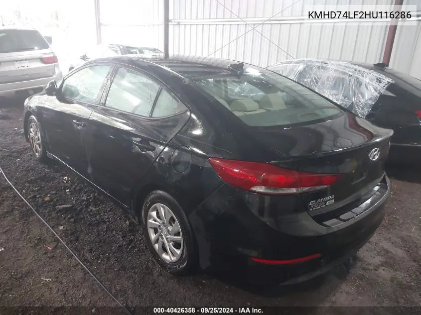 2017 Hyundai Elantra Se VIN: KMHD74LF2HU116286 Lot: 40426358