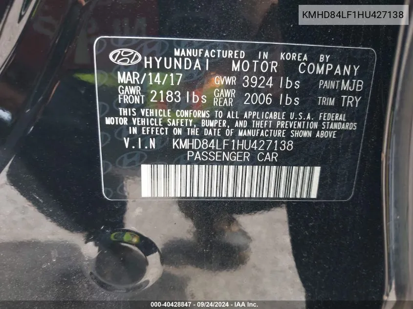 KMHD84LF1HU427138 2017 Hyundai Elantra Value Edition