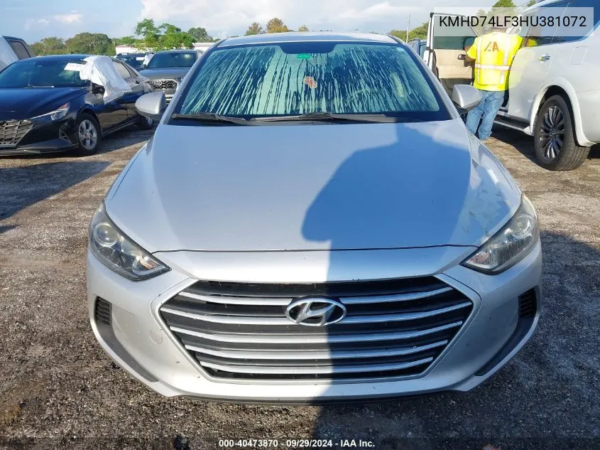 2017 Hyundai Elantra Se VIN: KMHD74LF3HU381072 Lot: 40473870