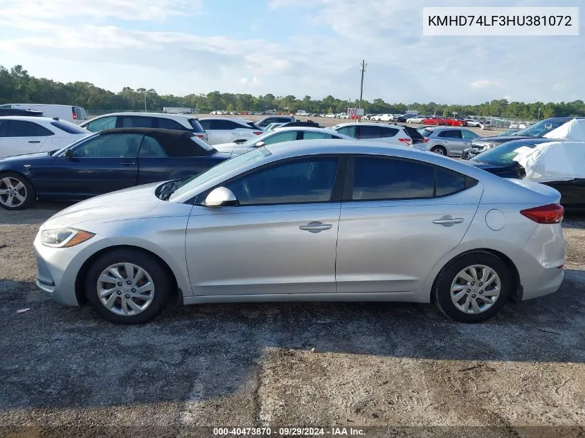 2017 Hyundai Elantra Se VIN: KMHD74LF3HU381072 Lot: 40473870