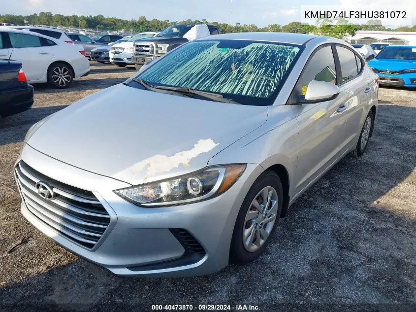 2017 Hyundai Elantra Se VIN: KMHD74LF3HU381072 Lot: 40473870