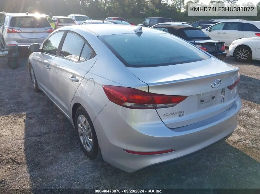 2017 Hyundai Elantra Se VIN: KMHD74LF3HU381072 Lot: 40473870