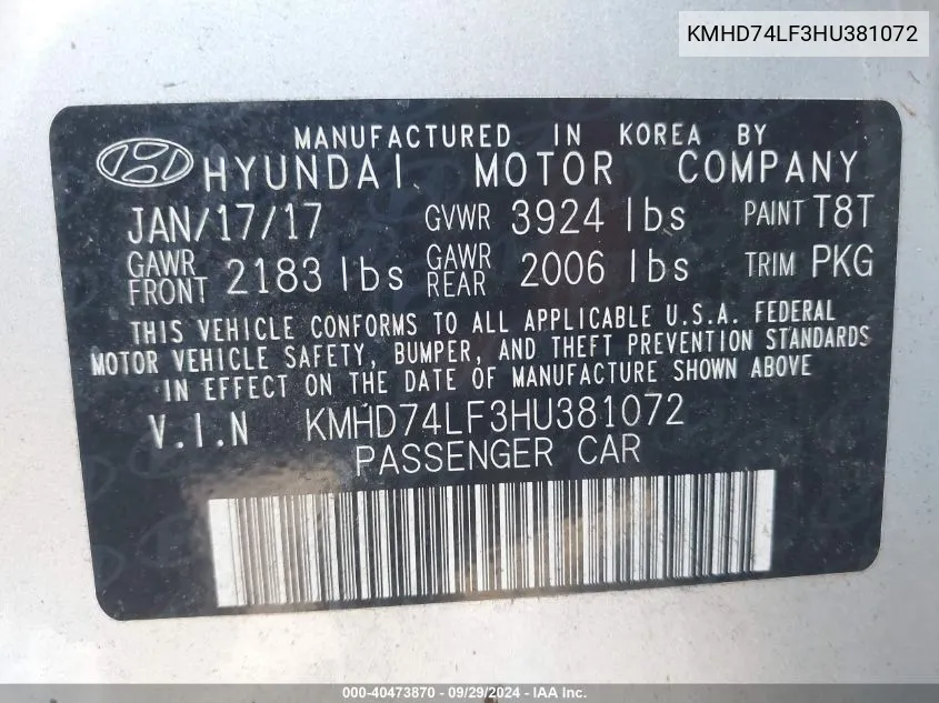 KMHD74LF3HU381072 2017 Hyundai Elantra Se