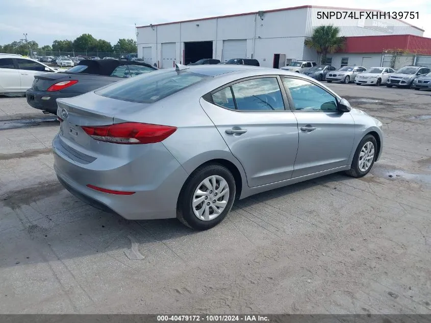 2017 Hyundai Elantra Se VIN: 5NPD74LFXHH139751 Lot: 40479172